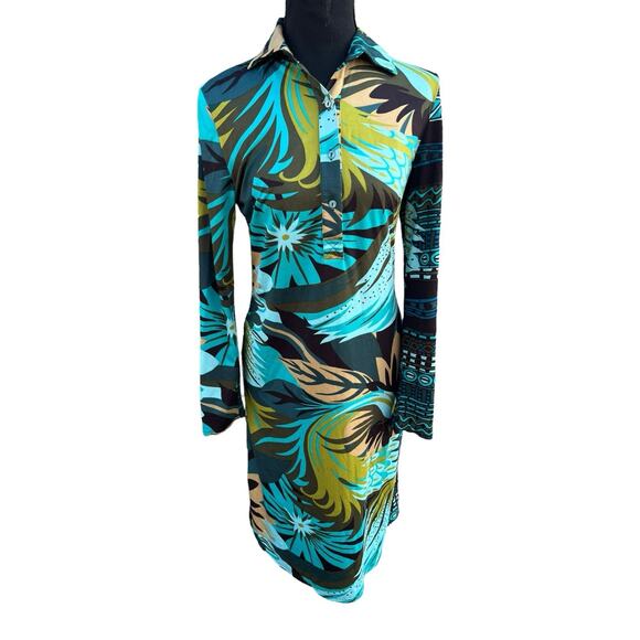 Vintage 90s Does 70s Disco daModa Brown Blue Geo Sheath Dress Size S - Picture 1 of 10